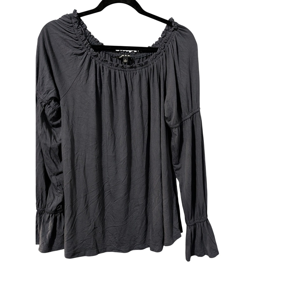 Cable & Gauge Gray Long Sleeve Ruffle Neck Flounce Cuff Peasant Top Medium
